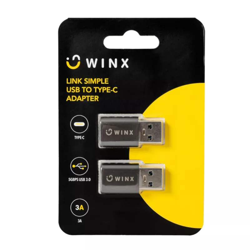 WINX LINK Simple USB į Type-C adapteris dviejų vienetų rinkinys (USB-A vyriškas į USB-C moterišką, 5Gbps, 15W, kosminė pilka, 2 vnt.)