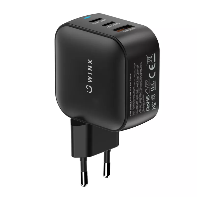 WINX POWER Max 65W GaN sieninis įkroviklis - 2x USB-C PD, 1x USB-A QC, juodas