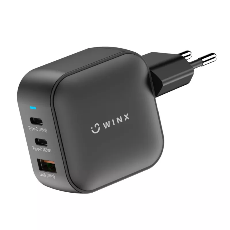 WINX POWER Max 65W GaN sieninis įkroviklis - 2x USB-C PD, 1x USB-A QC, juodas