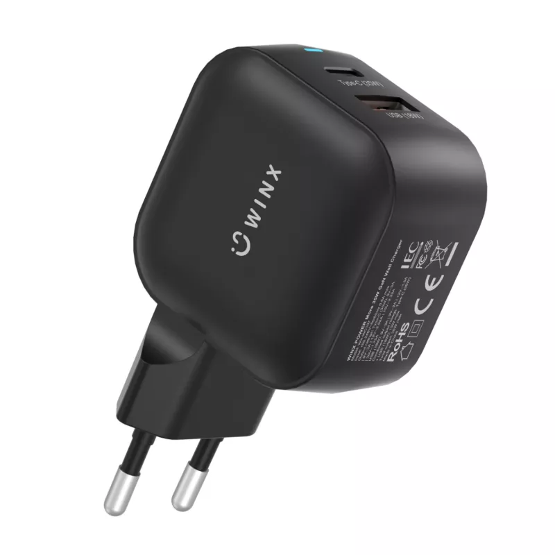 WINX POWER More 35W GaN sieninis įkroviklis - Dual USB-C ir USB-A, PD 3.0 PPS, baltas