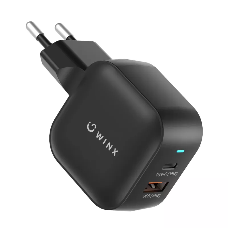 WINX POWER More 35W GaN sieninis įkroviklis - Dual USB-C ir USB-A, PD 3.0 PPS, baltas