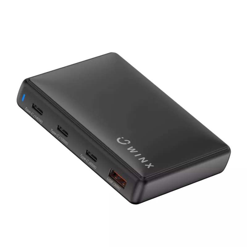 WINX POWER Ultra 140W GaN stalinis įkroviklis - 2x USB-C PD 100W + USB-A QC 22.5W, juodos spalvos