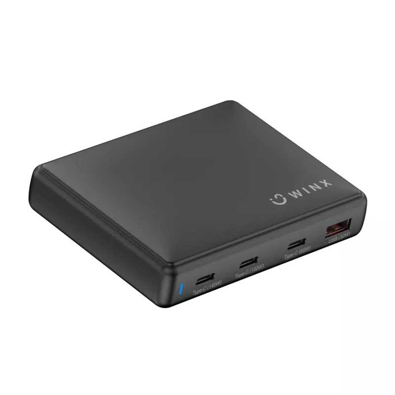 WINX POWER Ultra 140W GaN stalinis įkroviklis - 2x USB-C PD 100W + USB-A QC 22.5W, juodos spalvos