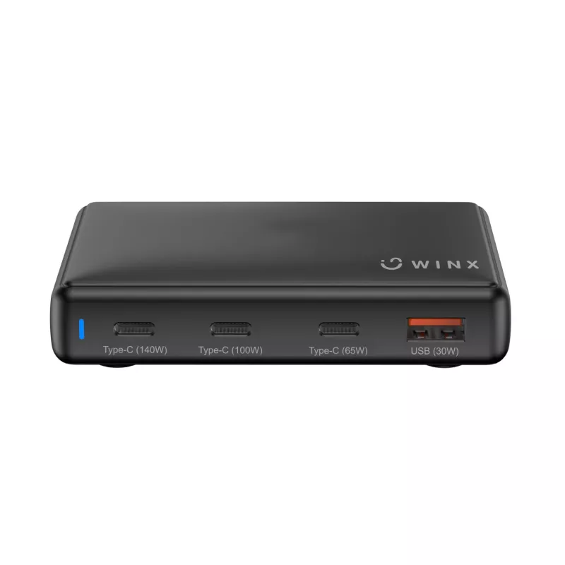 WINX POWER Ultra 140W GaN stalinis įkroviklis - 2x USB-C PD 100W + USB-A QC 22.5W, juodos spalvos
