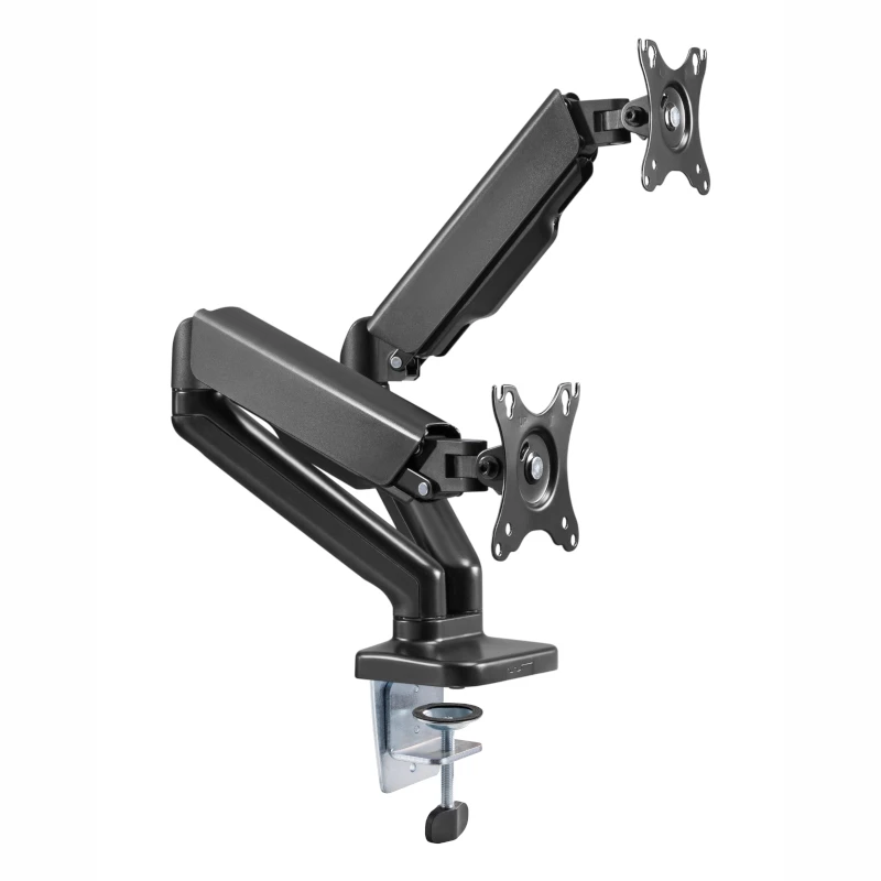 WINX RISE Pro dviguba pilno judesio monitoriaus ranka - dujų spyruoklės tvirtinimas prie stalo 2 ekranams 17 inch-32 inch, VESA 75/100, 18kg bendra, spaustuvas ir grommet, juoda