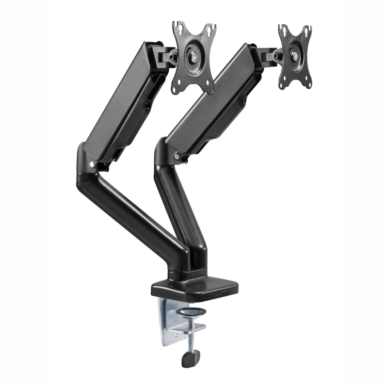 WINX RISE Pro dviguba pilno judesio monitoriaus ranka - dujų spyruoklės tvirtinimas prie stalo 2 ekranams 17 inch-32 inch, VESA 75/100, 18kg bendra, spaustuvas ir grommet, juoda