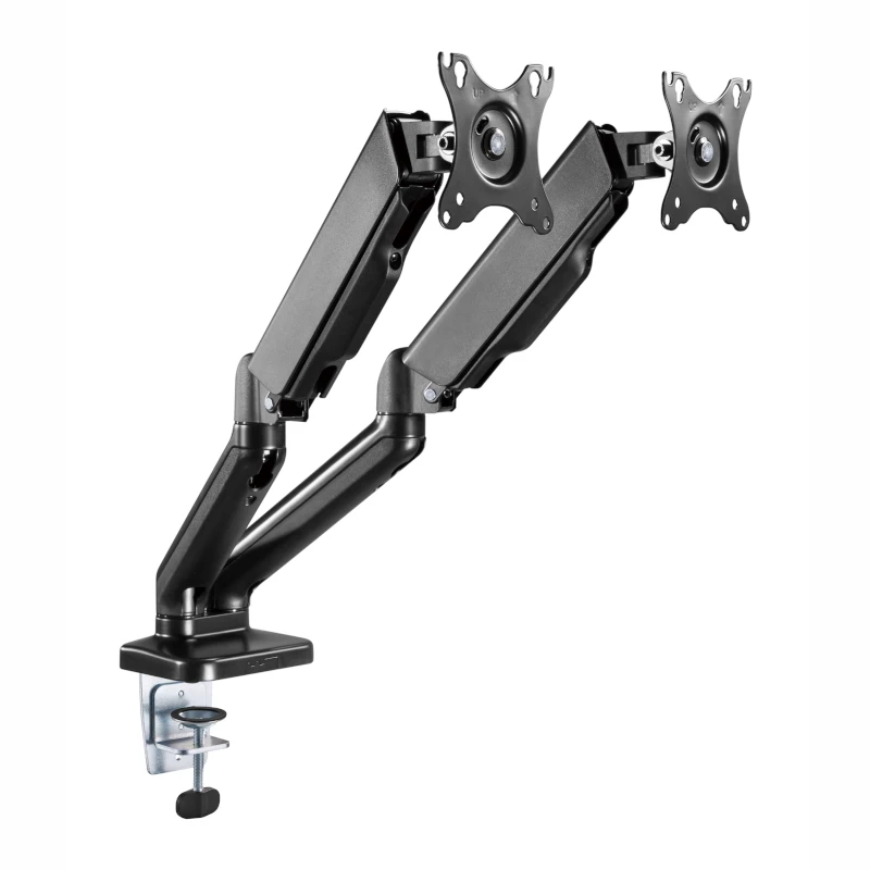 WINX RISE Pro dviguba pilno judesio monitoriaus ranka - dujų spyruoklės tvirtinimas prie stalo 2 ekranams 17 inch-32 inch, VESA 75/100, 18kg bendra, spaustuvas ir grommet, juoda
