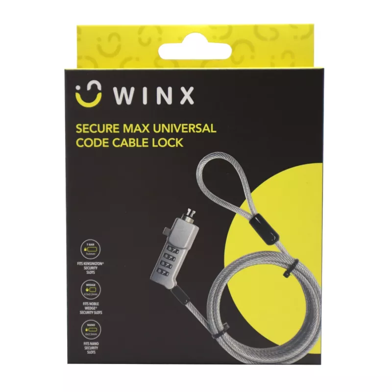 WINX Secure Max Universal Code Cable Lock - 4 skaitmenų perstatomas derinys, pintas plienas, 1,8 m, juoda/sidabrinė