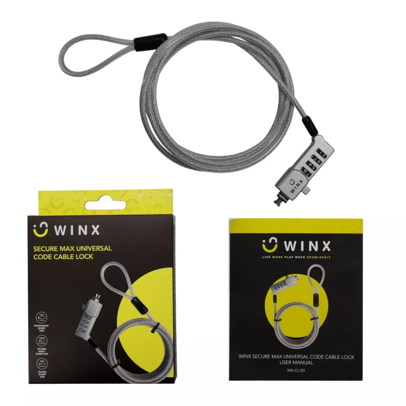 WINX Secure Max Universal Code Cable Lock - 4 skaitmenų perstatomas derinys, pintas plienas, 1,8 m, juoda/sidabrinė