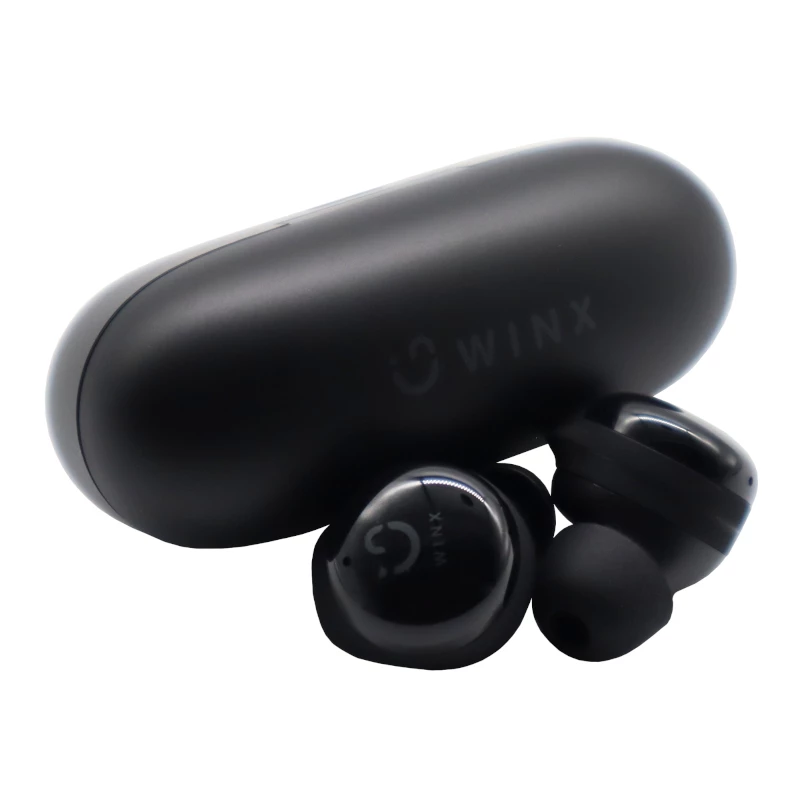 WINX VIBE Active 2 TWS ausinės – belaidės Bluetooth 5.3 ausinės su įkrovimo dėklu, IPX4 atsparumu vandeniui, ENC mikrofonu, jutikliniais valdikliais, mažos delsos žaidimų režimu, 24 valandų viso grojimo laiku, juodos spalvos