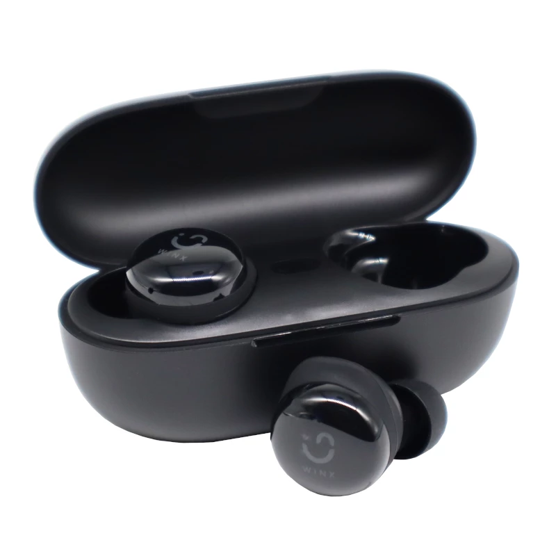 WINX VIBE Active 2 TWS ausinės – belaidės Bluetooth 5.3 ausinės su įkrovimo dėklu, IPX4 atsparumu vandeniui, ENC mikrofonu, jutikliniais valdikliais, mažos delsos žaidimų režimu, 24 valandų viso grojimo laiku, juodos spalvos