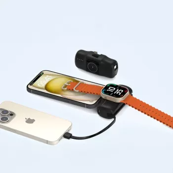 Wozinsky WF16-YLS Mini Power Bank 5000mAh 15W su įmontuotu USB-C laidu ir Apple Watch įkrovikliu - Juoda