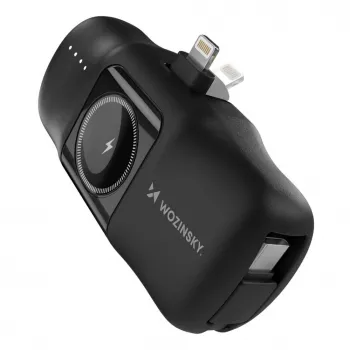 Wozinsky WF16-YLS Mini Power Bank 5000mAh 15W su įmontuotu USB-C laidu ir Apple Watch įkrovikliu - Juoda