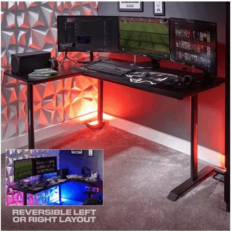 X Rocker 2022068 L-Shaped Corner Gaming Desk with RGB LED Lighting, Carbon Fibre Effect, Black
