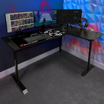 X Rocker 2022068 L-Shaped Corner Gaming Desk with RGB LED Lighting, Carbon Fibre Effect, Black