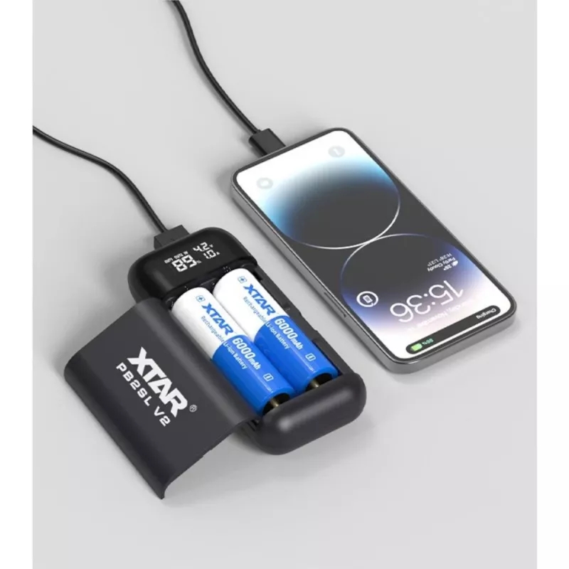 XTAR PB2SLV2 18650 Baterijų įkroviklis ir Power Bank su USB-C PD3.0 ir QC3.0