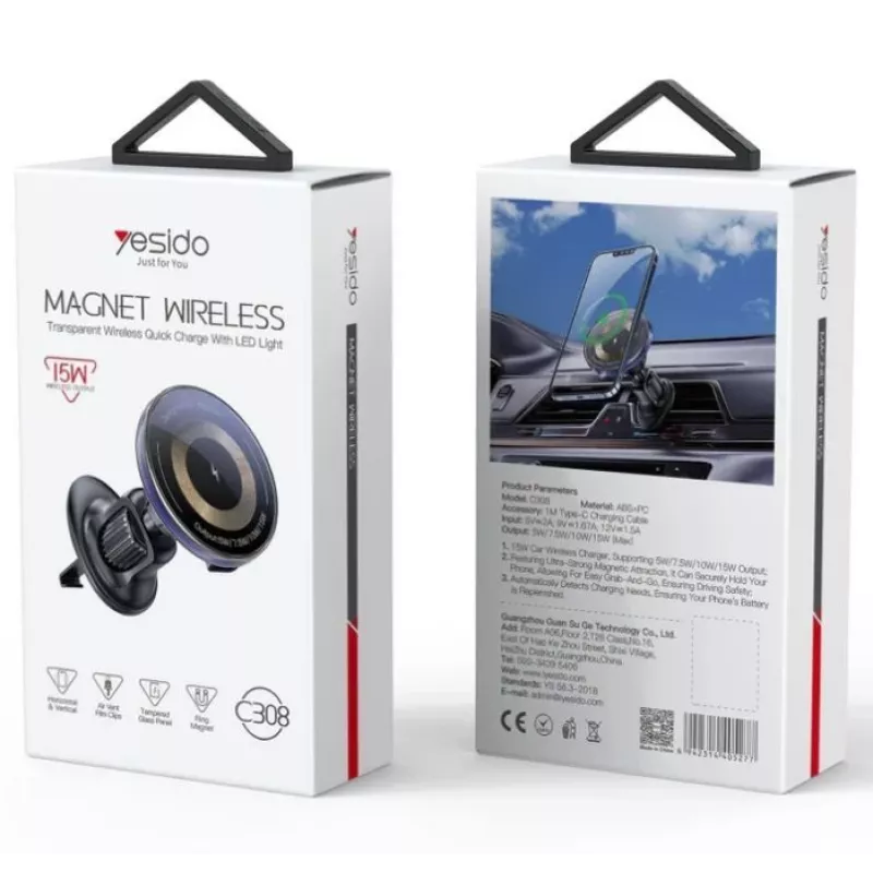 YESIDO 15W belaidis magnetinis laikiklis automobiliui su MagSafe, juodas