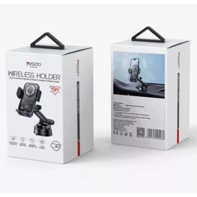 YESIDO 15W Siurbimo puodelio automobilinis belaidis įkroviklis juodas