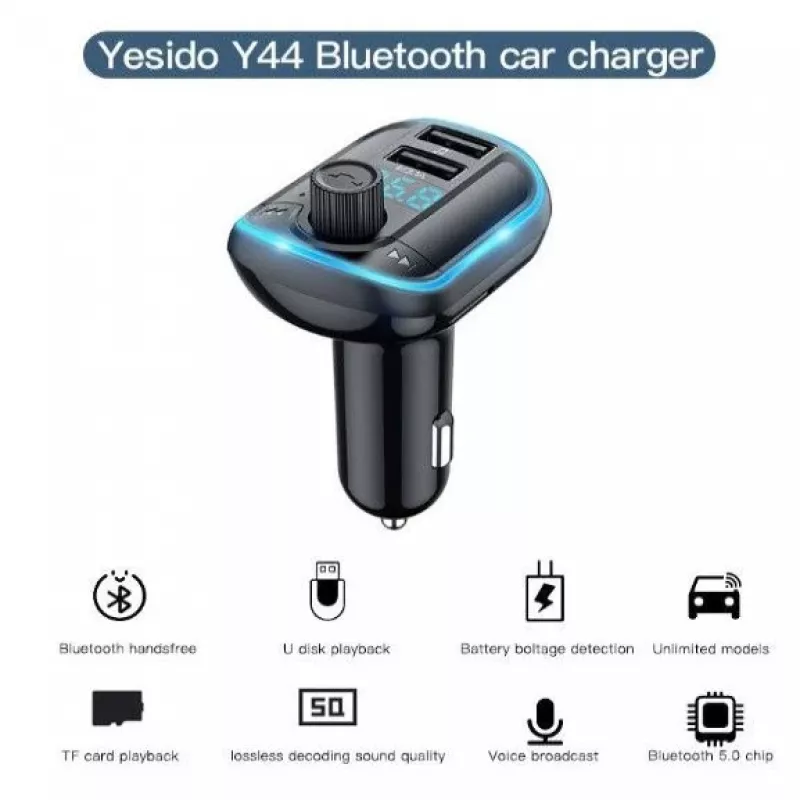 YESIDO Y44 MP3 grotuvas Bluetooth automobilinis įkroviklis su QC3.0, LED ekranu, laisvų rankų skambučiais, juodas