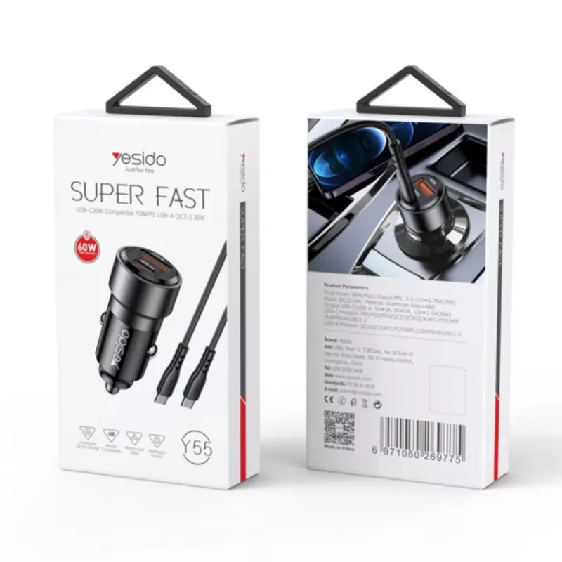 YESIDO Y55 60W greito įkrovimo automobilinis įkroviklis su USB-C į USB-C laidu, juodas