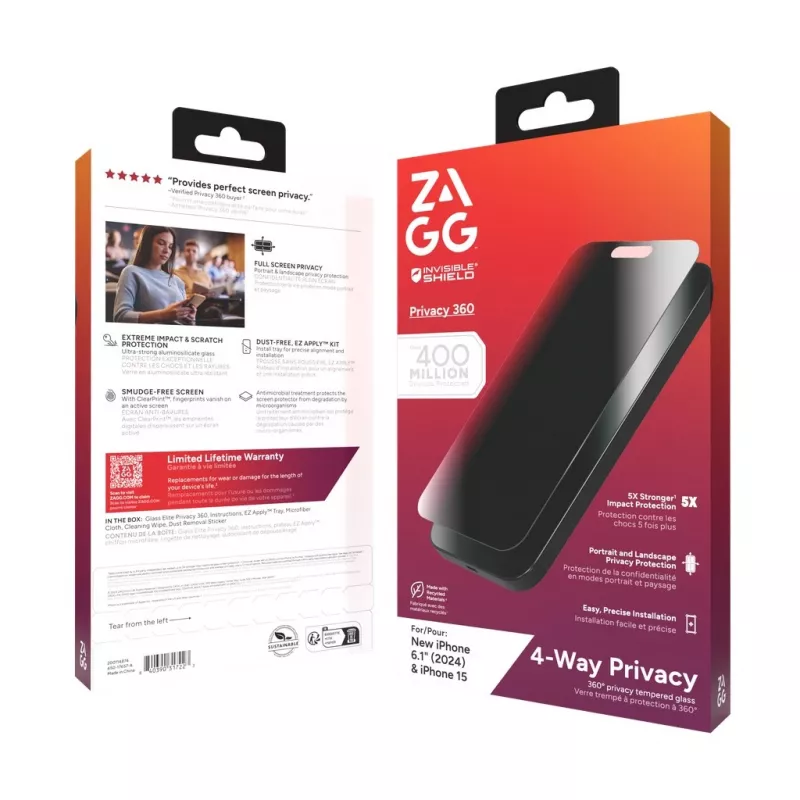 ZAGG InvisibleShield Glass Elite Privacy 360 Screen Protector, skirta iPhone 14 Pro Max