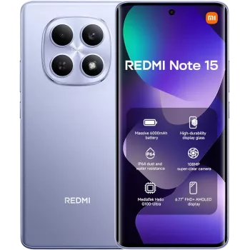 Xiaomi Redmi | Note 15 | Violetinė | 6,77 col. | AMOLED | 1080 x 2392 pikseliai | Mediatek | Vidinė RAM 6 GB | 128 GB | Dvi SIM | 4G | Pagrindinės kameros skiriamoji geba 108 MP | Antrinė kamera