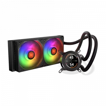 240 mm AIO procesoriaus skysčio aušintuvas KRUX HydroGlance 240 ARGB LCD — 240 mm radiatorius, ARGB apšvietimas, LCD ekranas