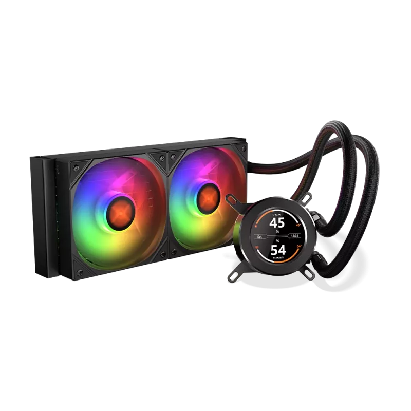240 mm AIO procesoriaus skysčio aušintuvas KRUX HydroGlance 240 ARGB LCD — 240 mm radiatorius, ARGB apšvietimas, LCD ekranas