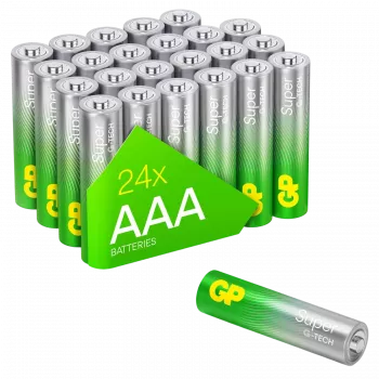 GP Super Alkaline AAA baterijos 1.5 V — 24 vnt. pakuotė (modelis 03024AETA-B24)