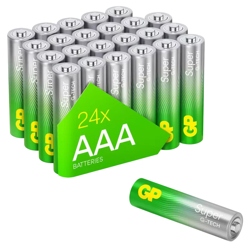 GP Super Alkaline AAA baterijos 1.5 V — 24 vnt. pakuotė (modelis 03024AETA-B24)