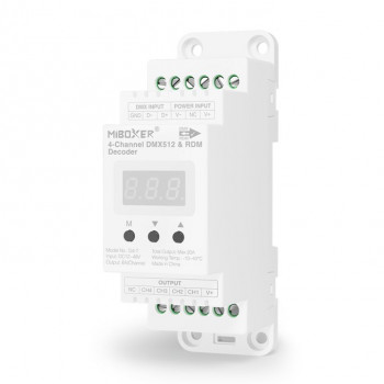 MiBoxer D4-T 5 kanalų DMX512/RDM LED dekoderis, DIN bėgeliui, 12–48 V, 20 A