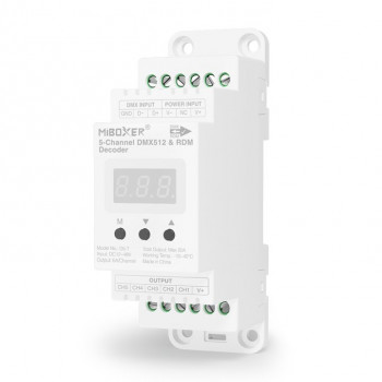 MiBoxer D5-T 5 kanalų DMX512/RDM LED dekoderis, DIN bėgeliui, 12–48 V, 20 A