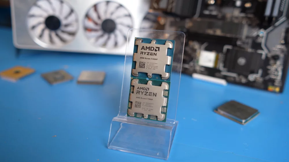 AMD Ryzen desktop processors on a stand