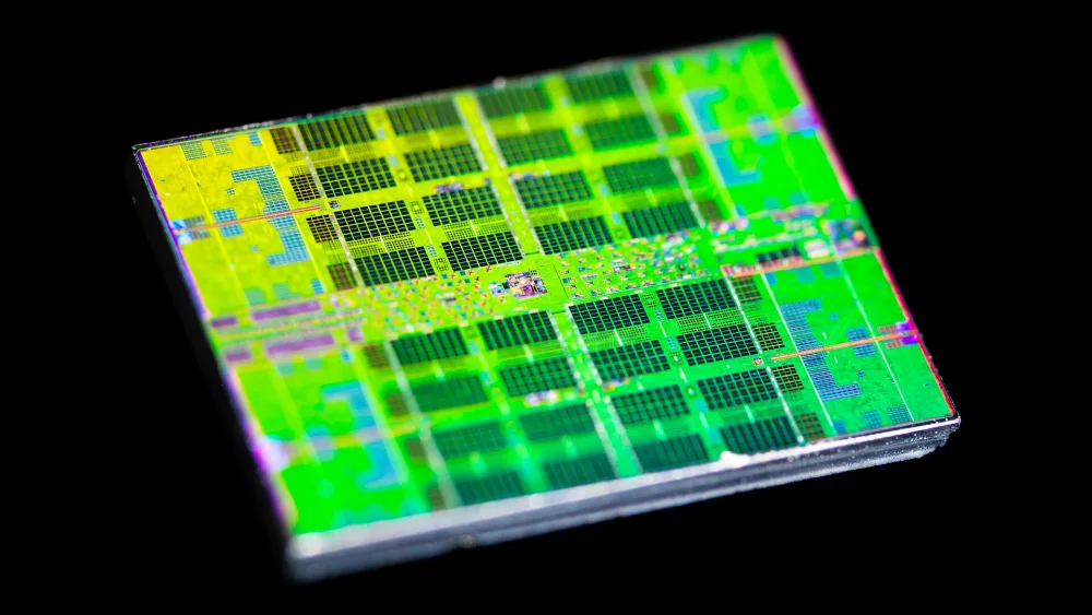 Processor die photographed under light
